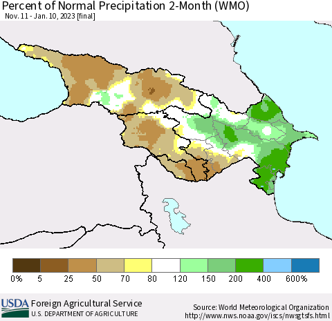 Azerbaijan, Armenia and Georgia Percent of Normal Precipitation 2-Month (WMO) Thematic Map For 11/11/2022 - 1/10/2023