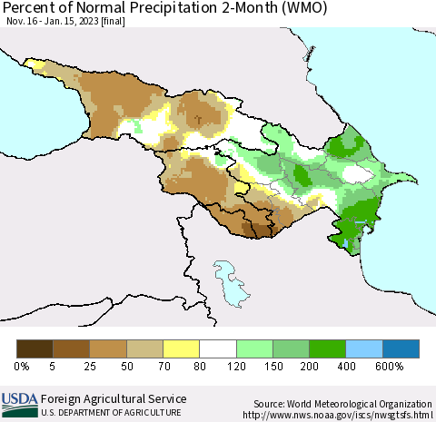 Azerbaijan, Armenia and Georgia Percent of Normal Precipitation 2-Month (WMO) Thematic Map For 11/16/2022 - 1/15/2023
