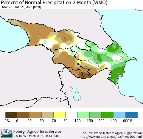 Azerbaijan, Armenia and Georgia Percent of Normal Precipitation 2-Month (WMO) Thematic Map For 11/26/2022 - 1/25/2023