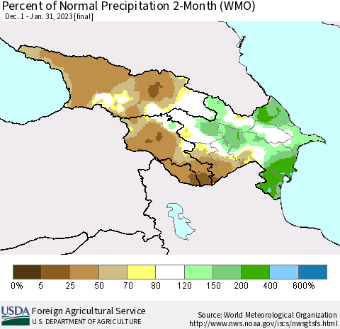 Azerbaijan, Armenia and Georgia Percent of Normal Precipitation 2-Month (WMO) Thematic Map For 12/1/2022 - 1/31/2023