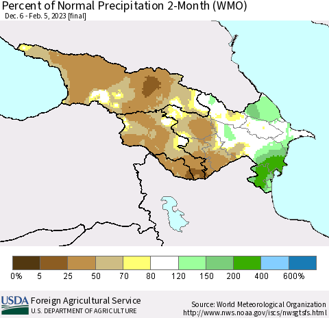 Azerbaijan, Armenia and Georgia Percent of Normal Precipitation 2-Month (WMO) Thematic Map For 12/6/2022 - 2/5/2023