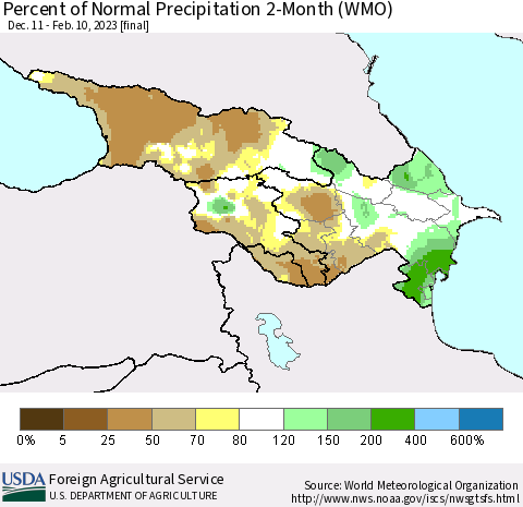 Azerbaijan, Armenia and Georgia Percent of Normal Precipitation 2-Month (WMO) Thematic Map For 12/11/2022 - 2/10/2023