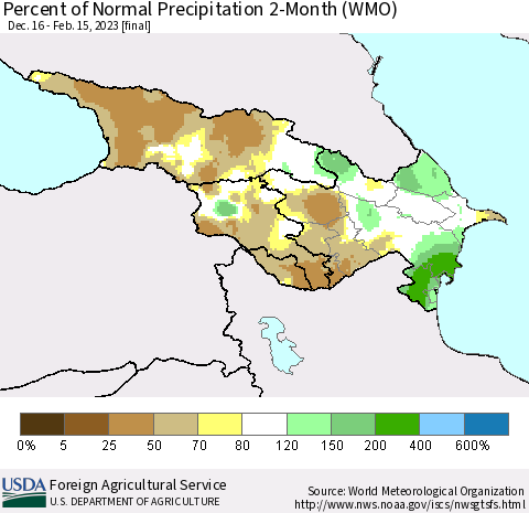 Azerbaijan, Armenia and Georgia Percent of Normal Precipitation 2-Month (WMO) Thematic Map For 12/16/2022 - 2/15/2023