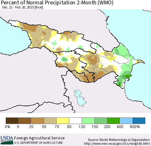 Azerbaijan, Armenia and Georgia Percent of Normal Precipitation 2-Month (WMO) Thematic Map For 12/21/2022 - 2/20/2023