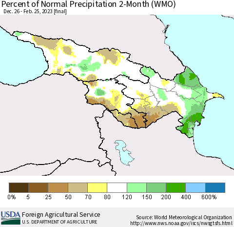 Azerbaijan, Armenia and Georgia Percent of Normal Precipitation 2-Month (WMO) Thematic Map For 12/26/2022 - 2/25/2023