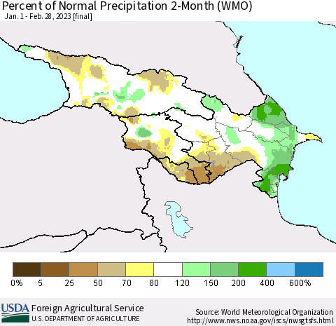 Azerbaijan, Armenia and Georgia Percent of Normal Precipitation 2-Month (WMO) Thematic Map For 1/1/2023 - 2/28/2023