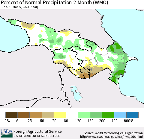 Azerbaijan, Armenia and Georgia Percent of Normal Precipitation 2-Month (WMO) Thematic Map For 1/6/2023 - 3/5/2023
