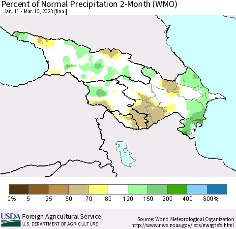 Azerbaijan, Armenia and Georgia Percent of Normal Precipitation 2-Month (WMO) Thematic Map For 1/11/2023 - 3/10/2023