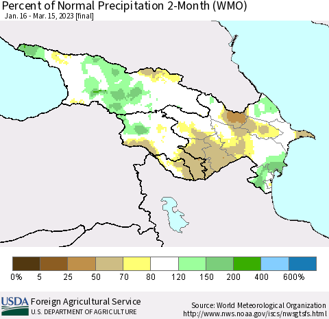 Azerbaijan, Armenia and Georgia Percent of Normal Precipitation 2-Month (WMO) Thematic Map For 1/16/2023 - 3/15/2023