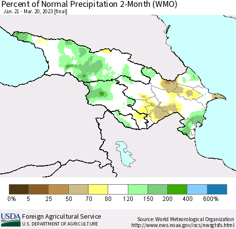 Azerbaijan, Armenia and Georgia Percent of Normal Precipitation 2-Month (WMO) Thematic Map For 1/21/2023 - 3/20/2023