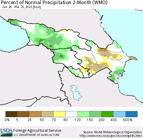 Azerbaijan, Armenia and Georgia Percent of Normal Precipitation 2-Month (WMO) Thematic Map For 1/26/2023 - 3/25/2023