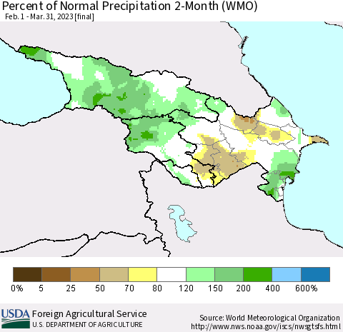 Azerbaijan, Armenia and Georgia Percent of Normal Precipitation 2-Month (WMO) Thematic Map For 2/1/2023 - 3/31/2023