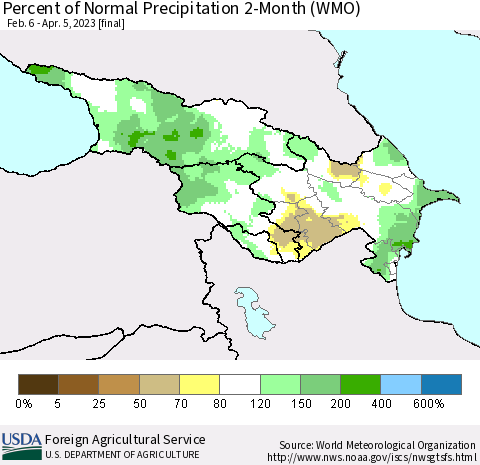 Azerbaijan, Armenia and Georgia Percent of Normal Precipitation 2-Month (WMO) Thematic Map For 2/6/2023 - 4/5/2023