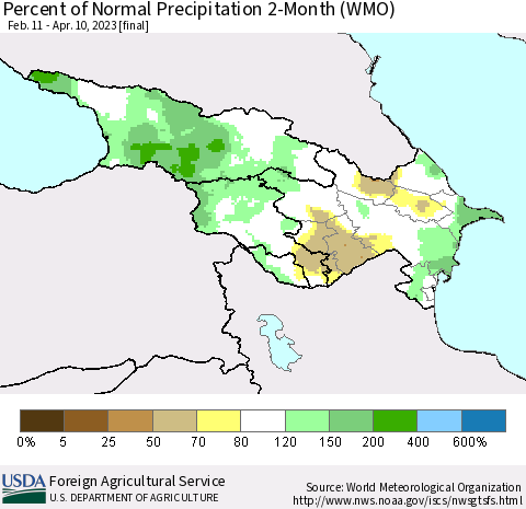 Azerbaijan, Armenia and Georgia Percent of Normal Precipitation 2-Month (WMO) Thematic Map For 2/11/2023 - 4/10/2023