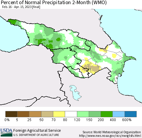 Azerbaijan, Armenia and Georgia Percent of Normal Precipitation 2-Month (WMO) Thematic Map For 2/16/2023 - 4/15/2023