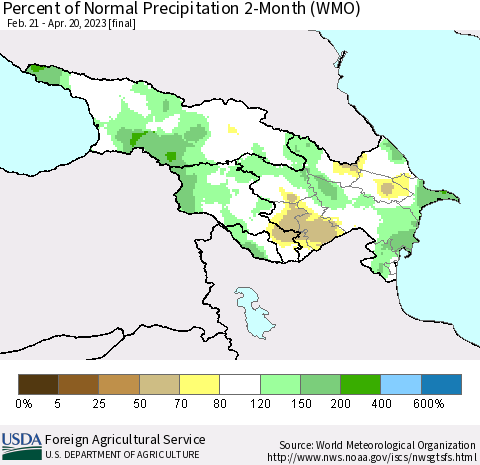 Azerbaijan, Armenia and Georgia Percent of Normal Precipitation 2-Month (WMO) Thematic Map For 2/21/2023 - 4/20/2023
