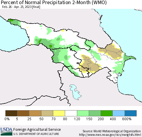 Azerbaijan, Armenia and Georgia Percent of Normal Precipitation 2-Month (WMO) Thematic Map For 2/26/2023 - 4/25/2023