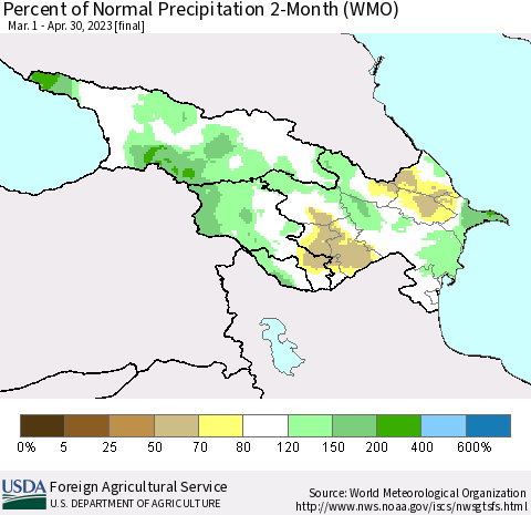 Azerbaijan, Armenia and Georgia Percent of Normal Precipitation 2-Month (WMO) Thematic Map For 3/1/2023 - 4/30/2023