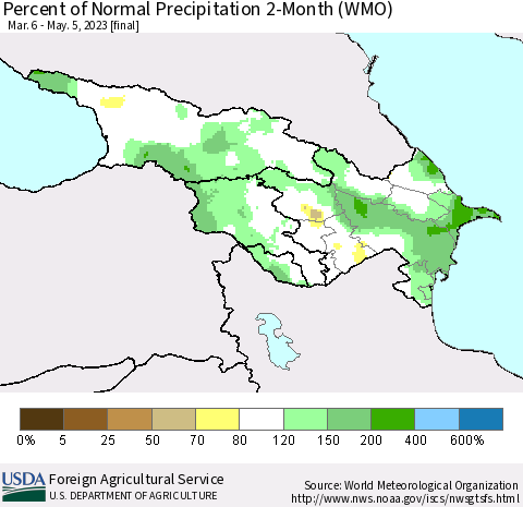 Azerbaijan, Armenia and Georgia Percent of Normal Precipitation 2-Month (WMO) Thematic Map For 3/6/2023 - 5/5/2023
