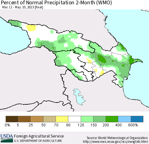 Azerbaijan, Armenia and Georgia Percent of Normal Precipitation 2-Month (WMO) Thematic Map For 3/11/2023 - 5/10/2023