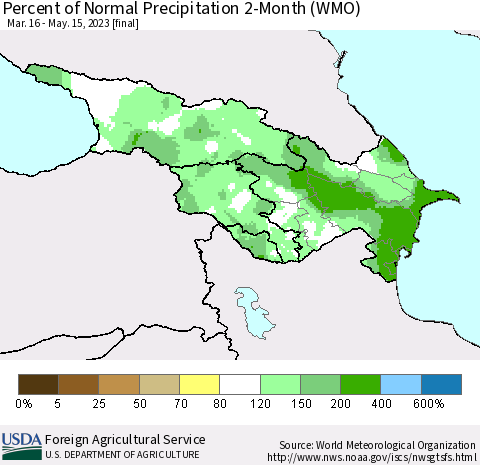 Azerbaijan, Armenia and Georgia Percent of Normal Precipitation 2-Month (WMO) Thematic Map For 3/16/2023 - 5/15/2023