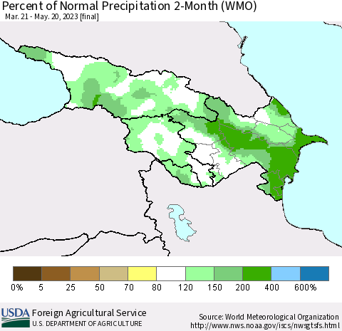 Azerbaijan, Armenia and Georgia Percent of Normal Precipitation 2-Month (WMO) Thematic Map For 3/21/2023 - 5/20/2023