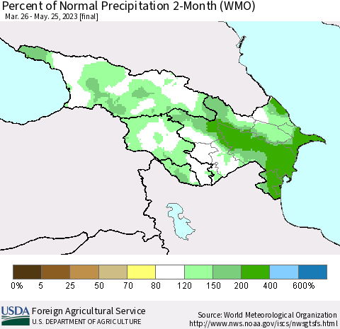 Azerbaijan, Armenia and Georgia Percent of Normal Precipitation 2-Month (WMO) Thematic Map For 3/26/2023 - 5/25/2023