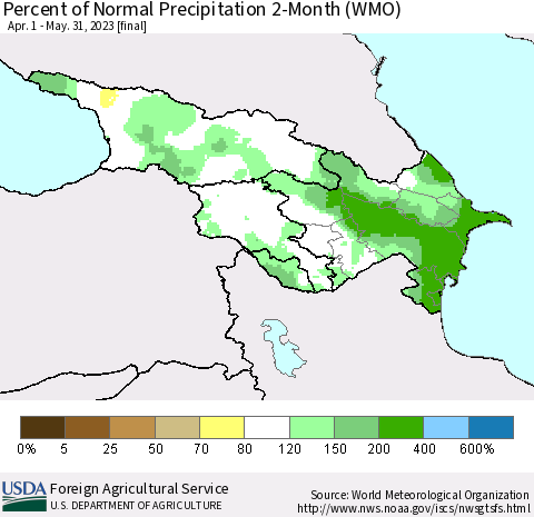 Azerbaijan, Armenia and Georgia Percent of Normal Precipitation 2-Month (WMO) Thematic Map For 4/1/2023 - 5/31/2023