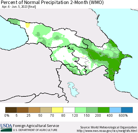 Azerbaijan, Armenia and Georgia Percent of Normal Precipitation 2-Month (WMO) Thematic Map For 4/6/2023 - 6/5/2023