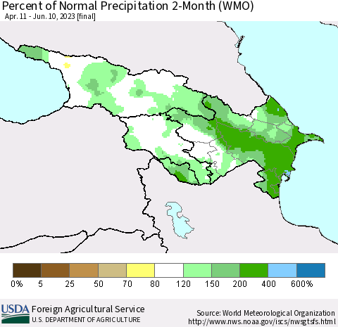 Azerbaijan, Armenia and Georgia Percent of Normal Precipitation 2-Month (WMO) Thematic Map For 4/11/2023 - 6/10/2023