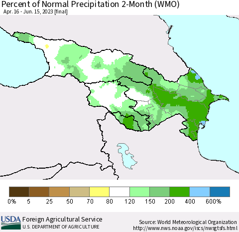 Azerbaijan, Armenia and Georgia Percent of Normal Precipitation 2-Month (WMO) Thematic Map For 4/16/2023 - 6/15/2023