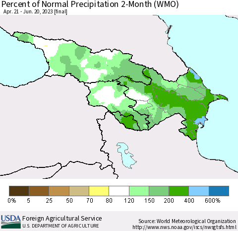 Azerbaijan, Armenia and Georgia Percent of Normal Precipitation 2-Month (WMO) Thematic Map For 4/21/2023 - 6/20/2023