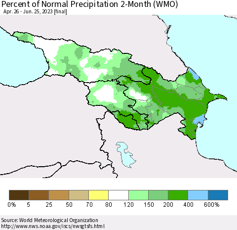 Azerbaijan, Armenia and Georgia Percent of Normal Precipitation 2-Month (WMO) Thematic Map For 4/26/2023 - 6/25/2023