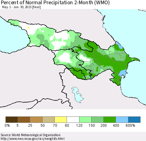Azerbaijan, Armenia and Georgia Percent of Normal Precipitation 2-Month (WMO) Thematic Map For 5/1/2023 - 6/30/2023