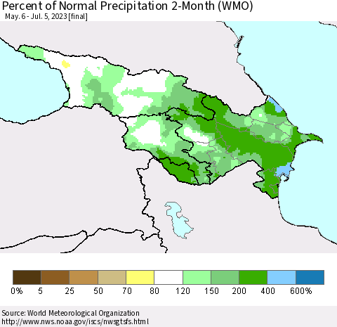 Azerbaijan, Armenia and Georgia Percent of Normal Precipitation 2-Month (WMO) Thematic Map For 5/6/2023 - 7/5/2023