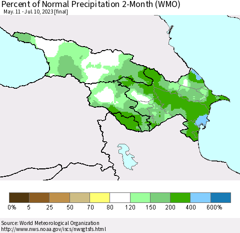 Azerbaijan, Armenia and Georgia Percent of Normal Precipitation 2-Month (WMO) Thematic Map For 5/11/2023 - 7/10/2023