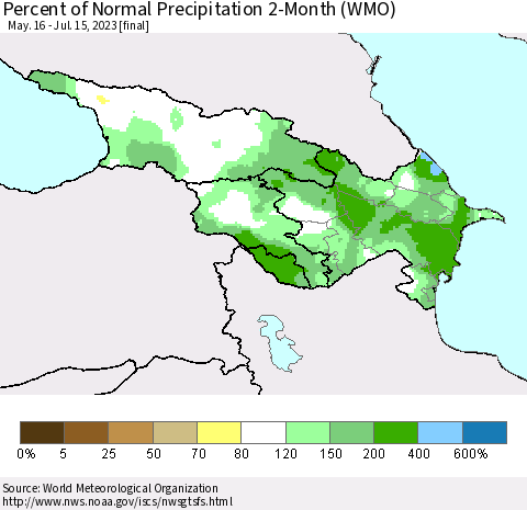 Azerbaijan, Armenia and Georgia Percent of Normal Precipitation 2-Month (WMO) Thematic Map For 5/16/2023 - 7/15/2023