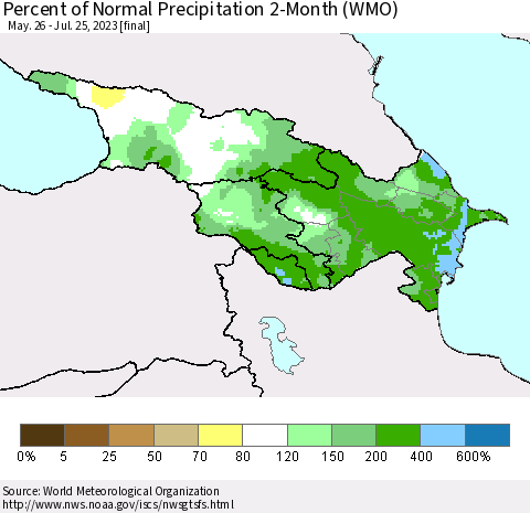 Azerbaijan, Armenia and Georgia Percent of Normal Precipitation 2-Month (WMO) Thematic Map For 5/26/2023 - 7/25/2023