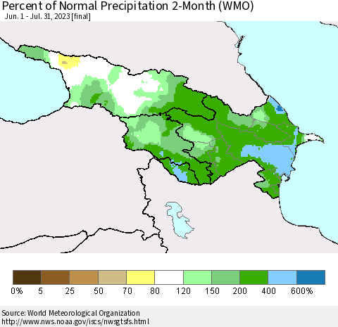 Azerbaijan, Armenia and Georgia Percent of Normal Precipitation 2-Month (WMO) Thematic Map For 6/1/2023 - 7/31/2023