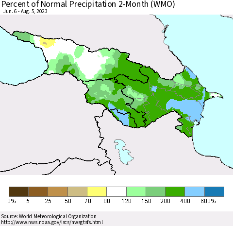 Azerbaijan, Armenia and Georgia Percent of Normal Precipitation 2-Month (WMO) Thematic Map For 6/6/2023 - 8/5/2023