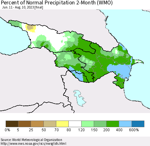 Azerbaijan, Armenia and Georgia Percent of Normal Precipitation 2-Month (WMO) Thematic Map For 6/11/2023 - 8/10/2023