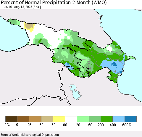Azerbaijan, Armenia and Georgia Percent of Normal Precipitation 2-Month (WMO) Thematic Map For 6/16/2023 - 8/15/2023
