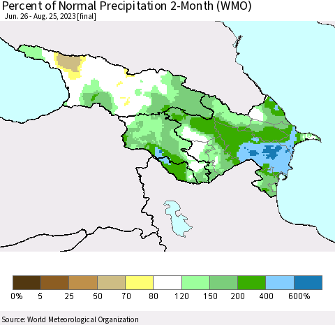 Azerbaijan, Armenia and Georgia Percent of Normal Precipitation 2-Month (WMO) Thematic Map For 6/26/2023 - 8/25/2023