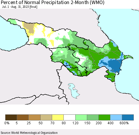 Azerbaijan, Armenia and Georgia Percent of Normal Precipitation 2-Month (WMO) Thematic Map For 7/1/2023 - 8/31/2023