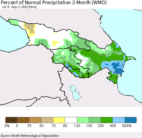 Azerbaijan, Armenia and Georgia Percent of Normal Precipitation 2-Month (WMO) Thematic Map For 7/6/2023 - 9/5/2023