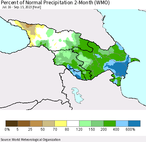 Azerbaijan, Armenia and Georgia Percent of Normal Precipitation 2-Month (WMO) Thematic Map For 7/16/2023 - 9/15/2023