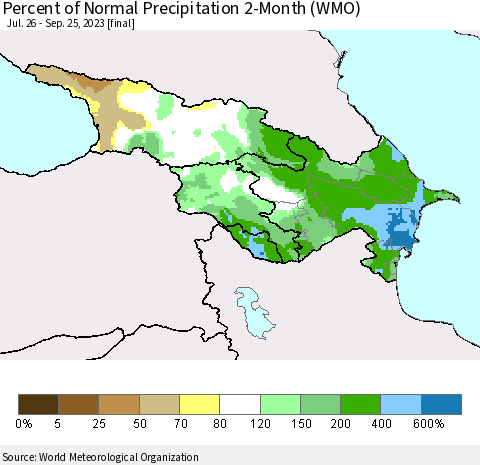 Azerbaijan, Armenia and Georgia Percent of Normal Precipitation 2-Month (WMO) Thematic Map For 7/26/2023 - 9/25/2023