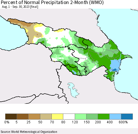 Azerbaijan, Armenia and Georgia Percent of Normal Precipitation 2-Month (WMO) Thematic Map For 8/1/2023 - 9/30/2023