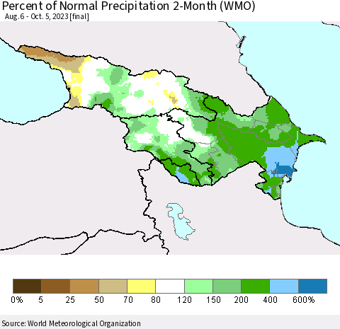 Azerbaijan, Armenia and Georgia Percent of Normal Precipitation 2-Month (WMO) Thematic Map For 8/6/2023 - 10/5/2023