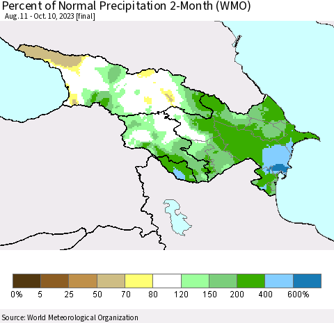 Azerbaijan, Armenia and Georgia Percent of Normal Precipitation 2-Month (WMO) Thematic Map For 8/11/2023 - 10/10/2023